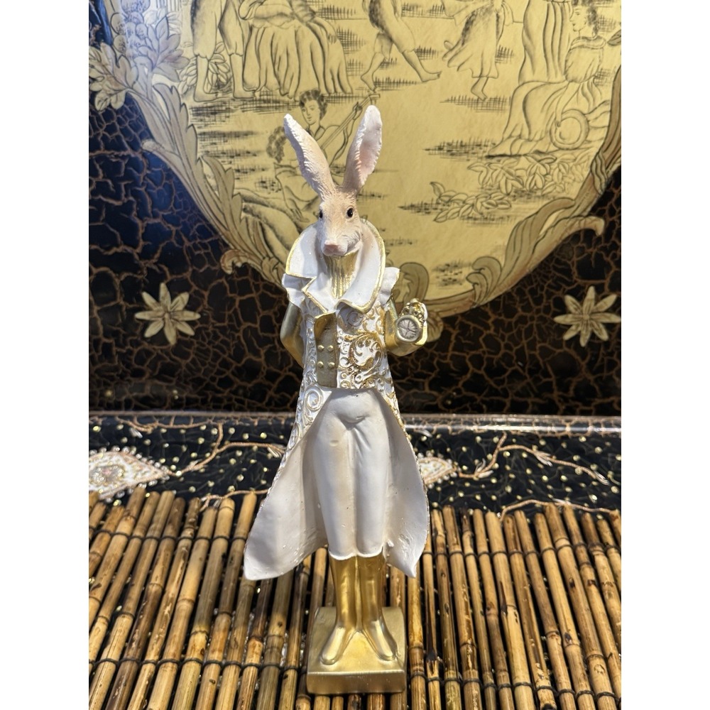 Rabbit Figurine Holding Pocket Watch Gold & White Alice in Wonderland Decor